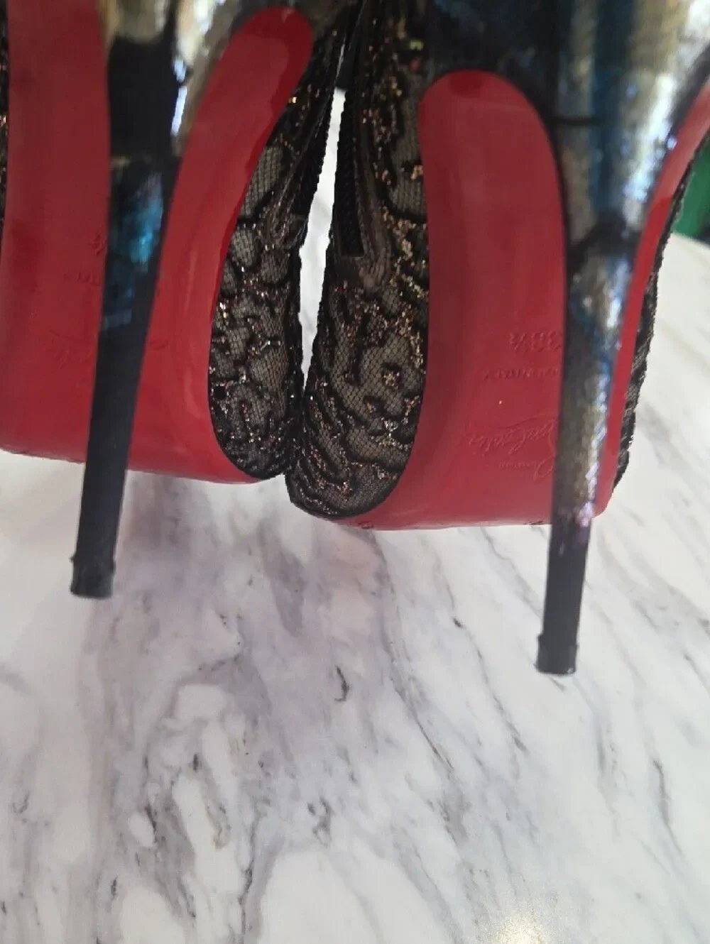 Christian Louboutin Metallic Gold and Black Lace Pointed-Ankle Boots